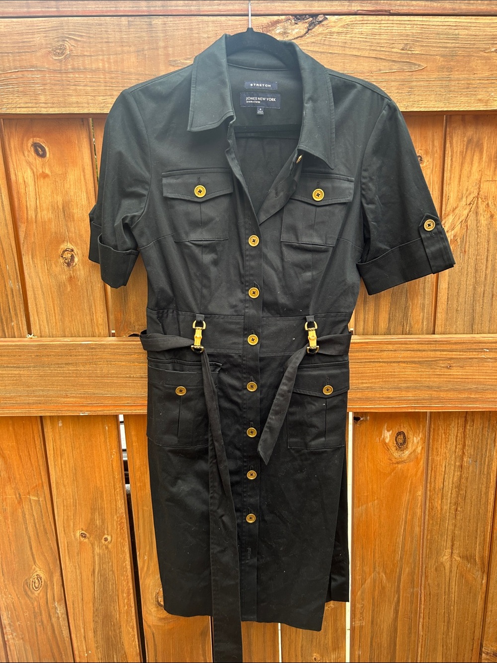 Jones New York Black Midi Shirt Dress with Gold Buttons